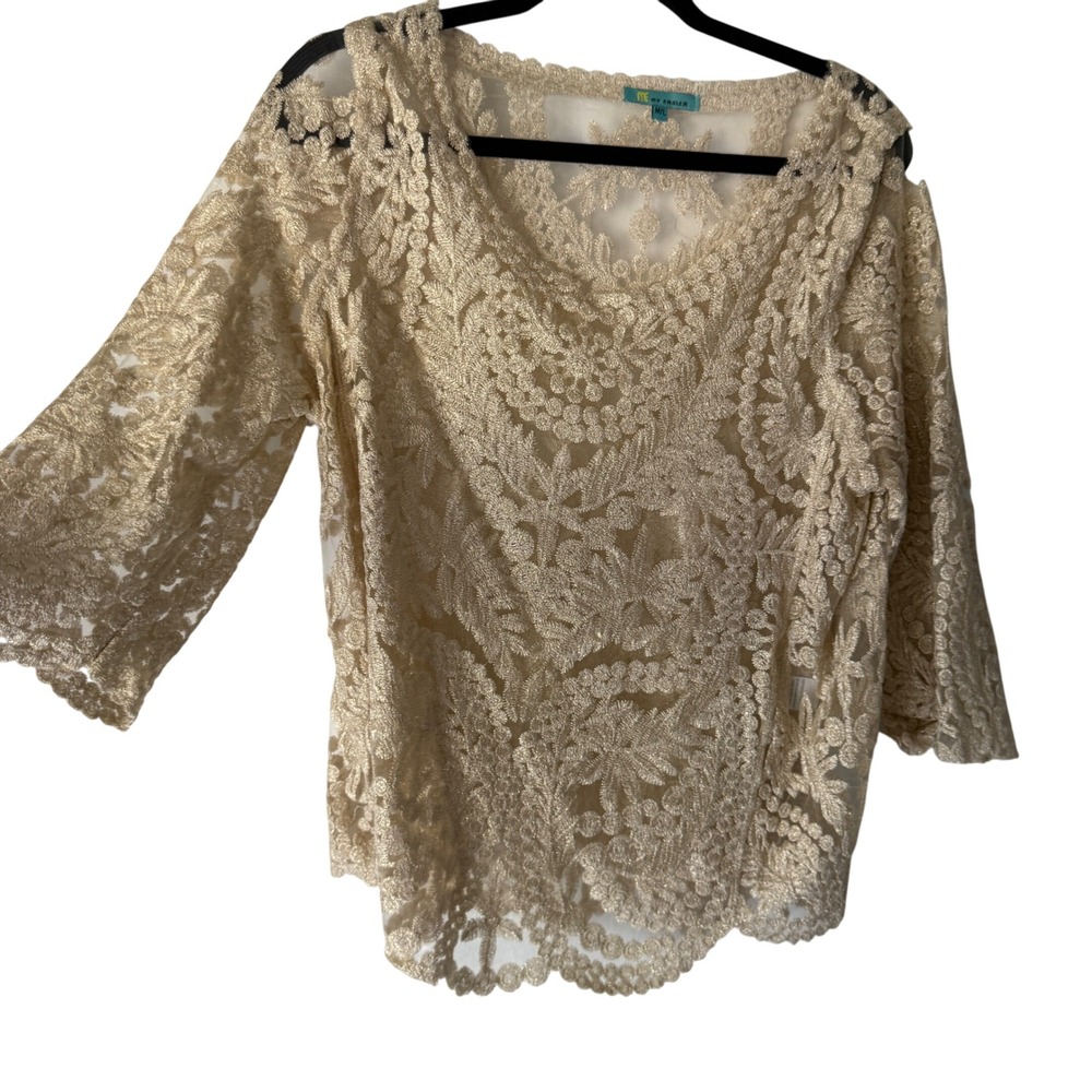 My Emblem Lace Top Women Size M L Beige Sheer 3/4 Sleeve Victorian Gold‎ Party